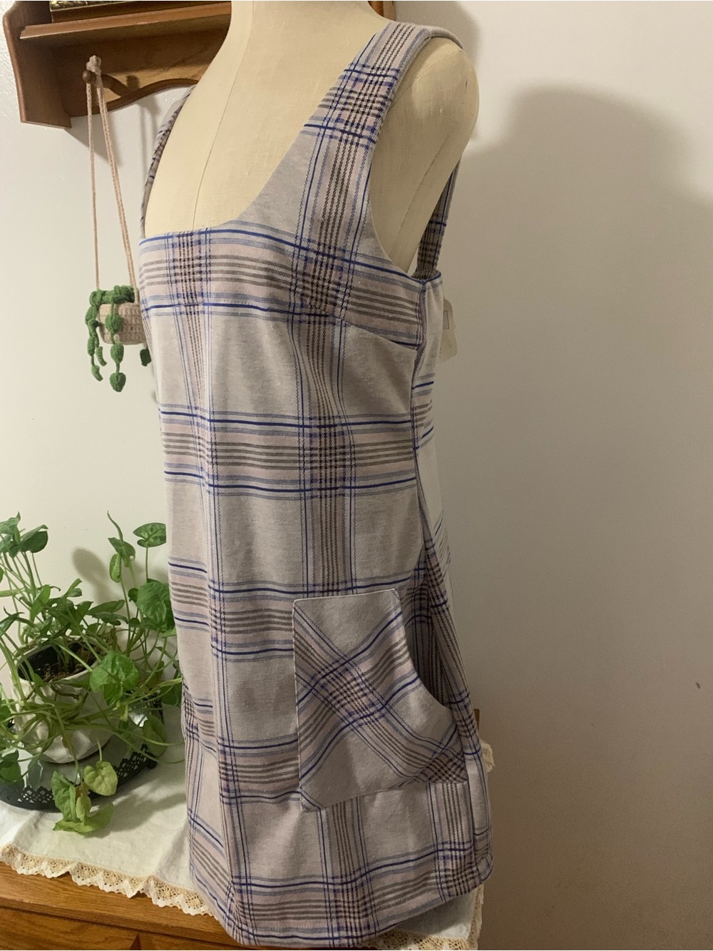 Altar’d State NWT Plaid Square-Neck Pinafore Dress in Light Gray, Blue & Pink L - Picture 6 of 16